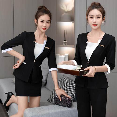 技师工作服秋装酒店足浴空姐制服半袖职业三件套气质长裤2022美容