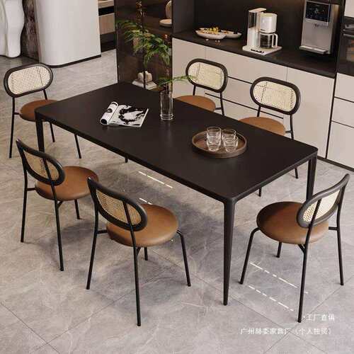 依诺铝合金纯黑岩板餐桌家用小户型感轻奢现代简约饭桌桌子