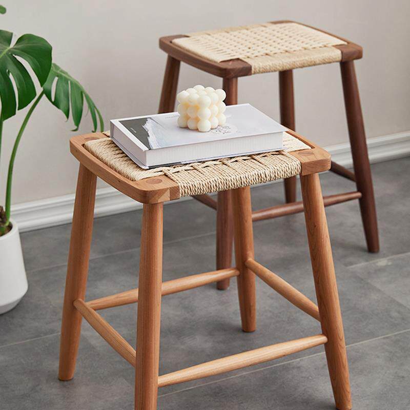 北欧实木绳编方凳卧室梳妆凳日式民宿餐凳藤编小凳子梳妆台北欧风