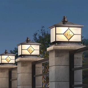 新中式全铜太阳能柱头灯户外防水庭院别墅大门两侧柱子灯围墙住灯
