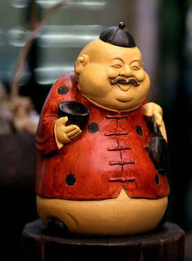 桌面装饰品摆设雕塑博古架仿木茶几高端客厅摆件雕中式财神爷地主