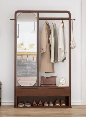 实木衣帽架意落地APN新中创挂衣架卧室带镜子可式移家动用储物置