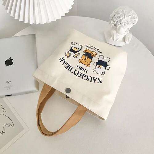 New Bear Canvas Bag Portable Small Handheld Lunch Bag Tote B