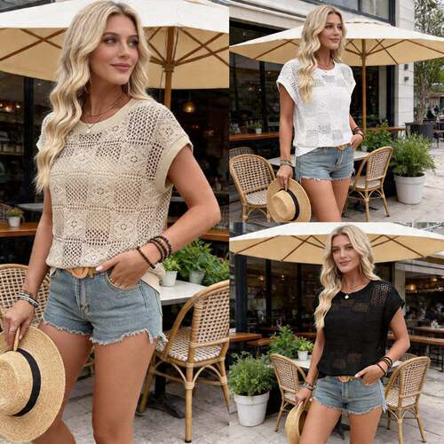 Women's Hollow Out Knitted Short Sleeve Top Loose