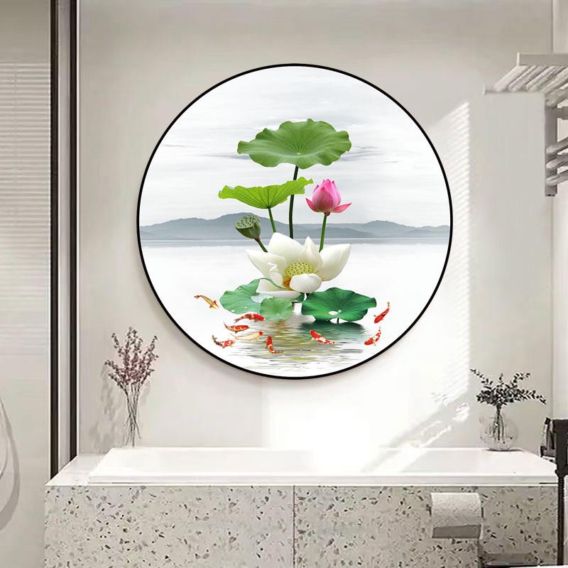 卫生间净秽荷花图鲤鱼贴画厨房莲花既济防水圆形九鱼聚财装饰壁画图片