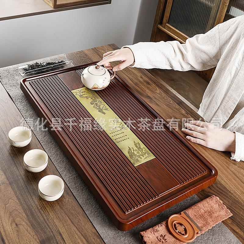 新款实木茶盘整块柚木大号带排水茶台青铜原木雕刻黑檀茶支持