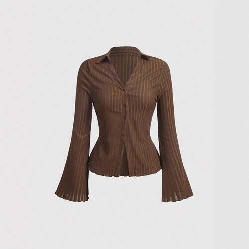 Women's Plain Woven Lettuce Trim Flounce Sleeve Button Front