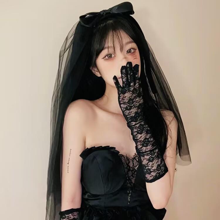 黑色蕾丝头纱万圣节cos头饰高级感蝴蝶结鬼新娘网纱发饰修女复古