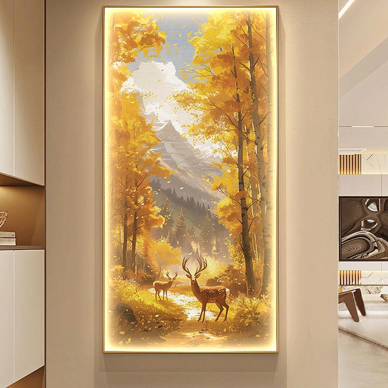 现代简约黄金大道玄关装饰画风景走廊过道麋鹿挂画入户带灯光壁画