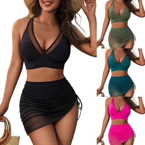 Two-piece Set Women's Solid Color Swimsuit Set Sexy Swim Top