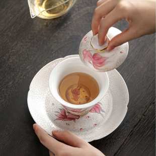 几欢珐琅彩掐丝鱼戏莲花二才盖碗茶杯高档陶瓷泡茶器家用功夫茶具