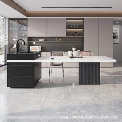 现代极简岩板岛台ATD餐桌一体伸可导缩水盆中能台多功吧台电磁炉