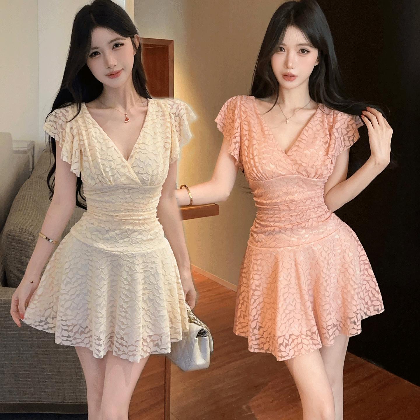 蕾丝领显瘦连衣裙新款夜店女装名媛气质低胸短裙酒吧会所工作服