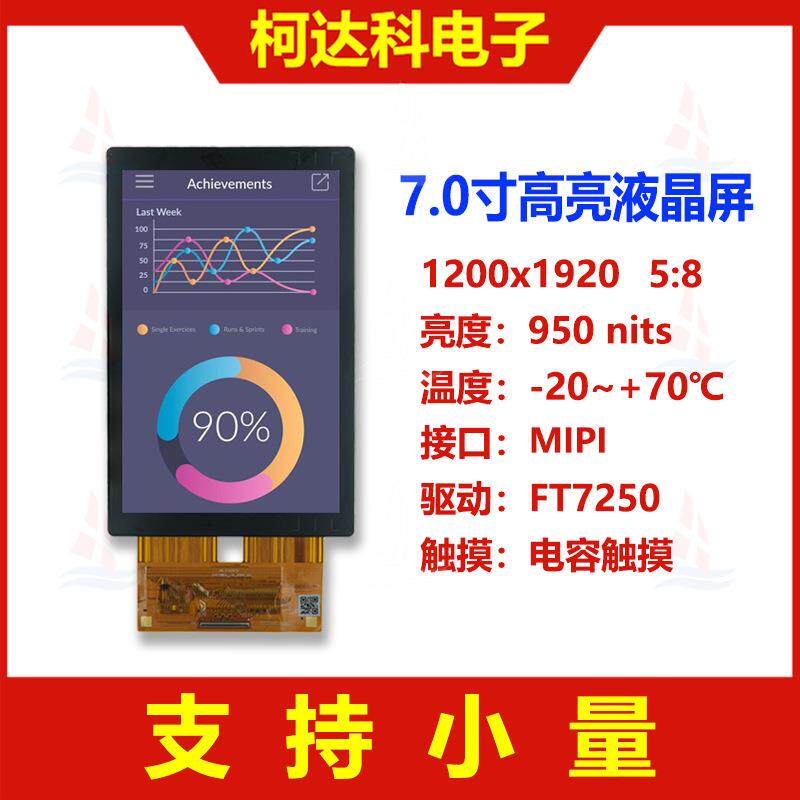 7寸1200x1920 FT7250 4线MIPI接口全视角高亮液晶显示屏电容触摸