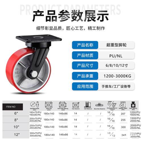 超重型铁芯PU脚轮6寸8寸10寸12寸聚氨酯龙门架工业重型轮