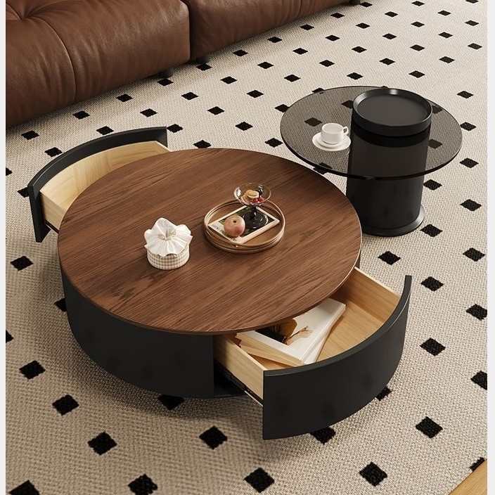 中古风岩板圆形茶几客厅家用现代轻奢简约古风胡桃木意式组合