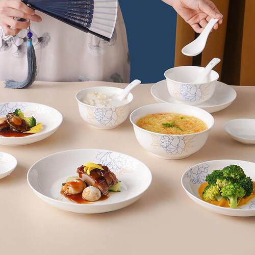 松发瓷器蓝宝牡丹中式宴席碗碟盘套装陶瓷餐具家庭聚会餐具盘摆台