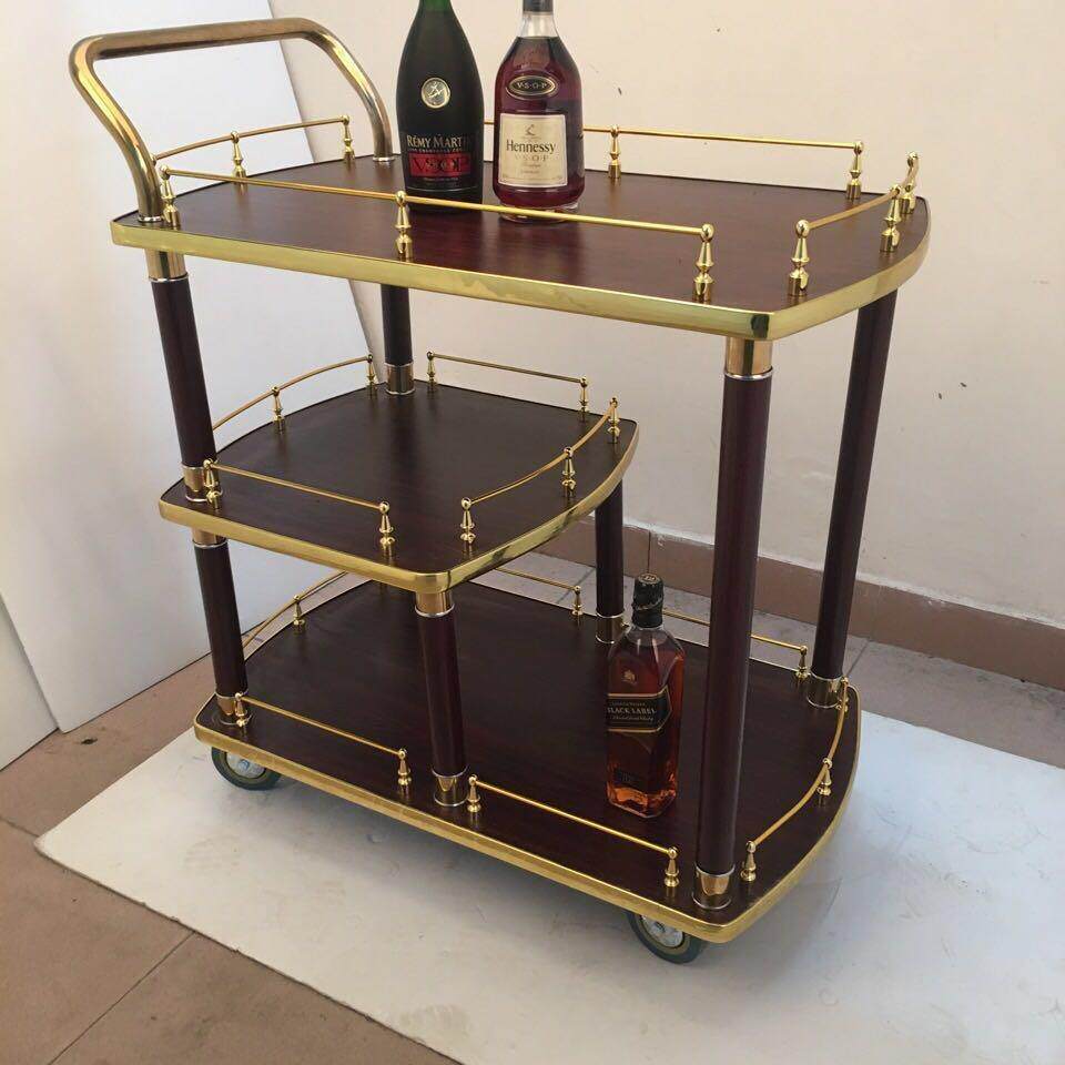 酒店三层钛金西餐车欧式实木酒水服务车KTV蛋糕甜品车茶水手推车