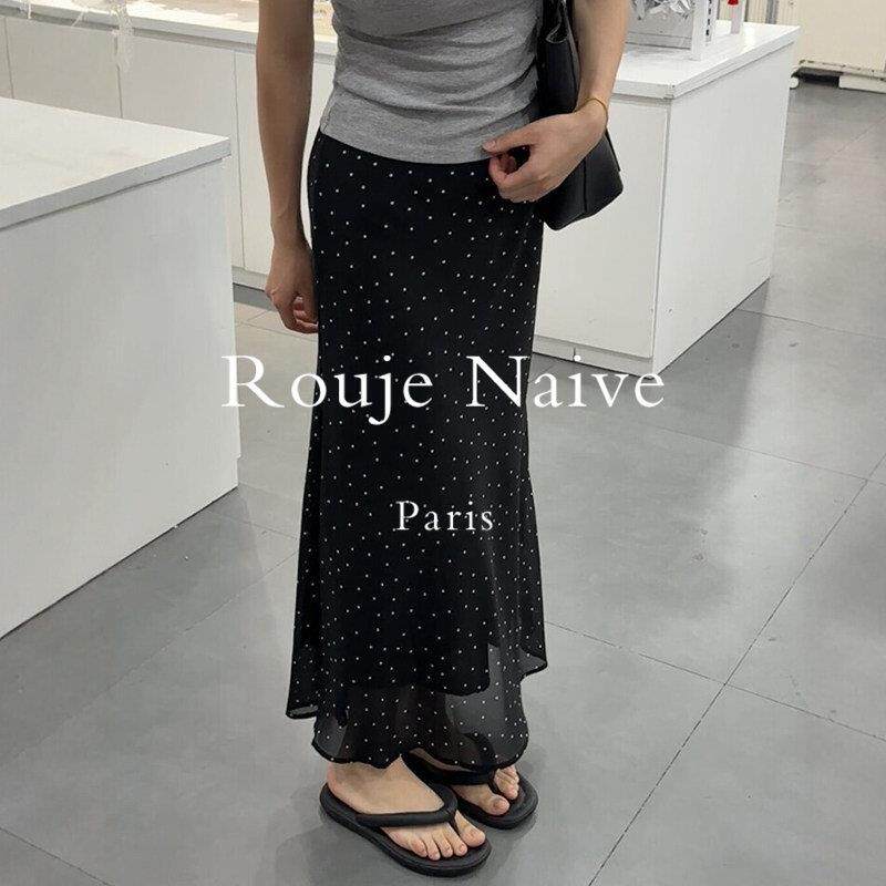 Rouje Naive黑色雪纺波点鱼尾裙2026新款长裙遮肚垂坠感a字半身裙
