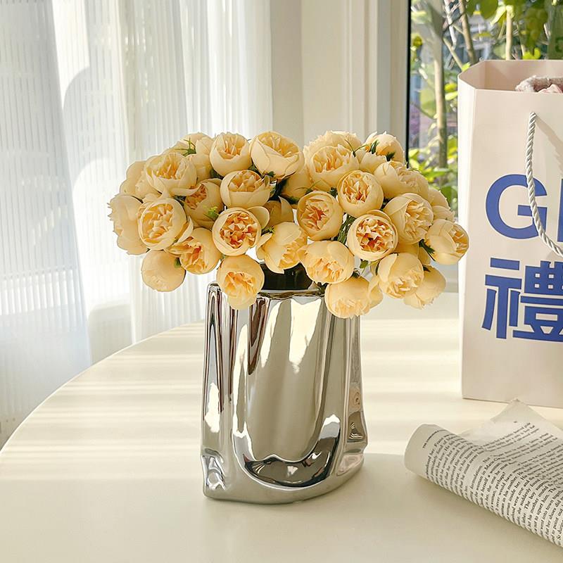 ins风玫瑰花彷真插花花瓶摆件客厅餐桌丹花牡束卧室塑料假花装饰