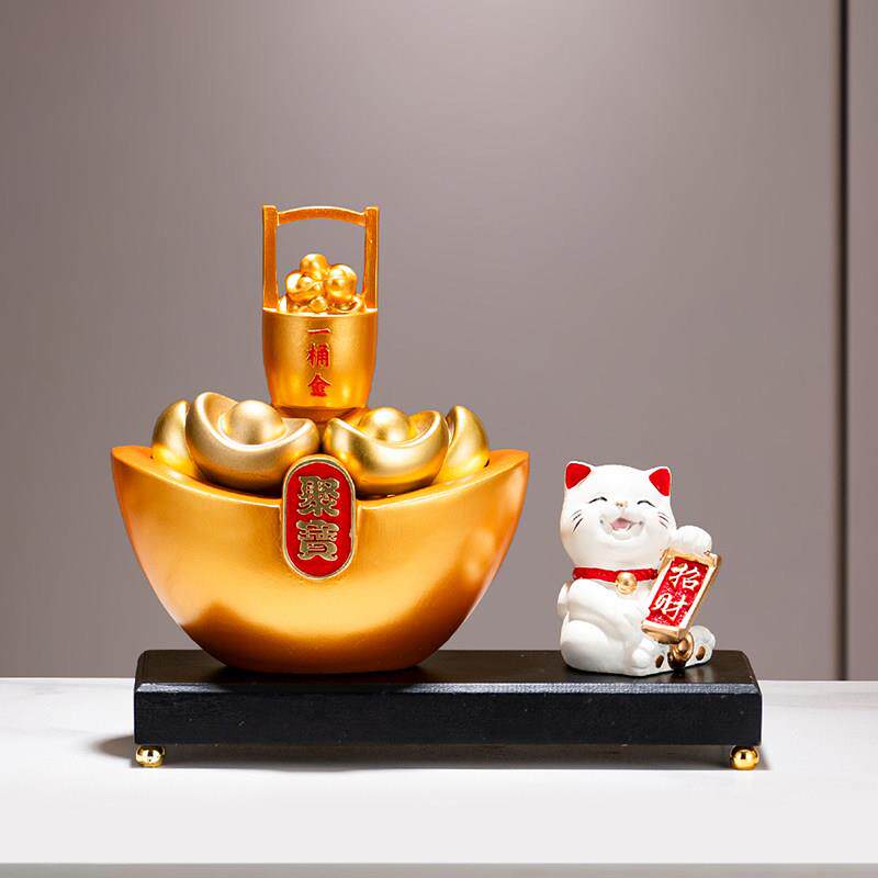 聚宝盆招财猫聚财水风摆件办公室博古架高档装饰品创意一桶金元宝