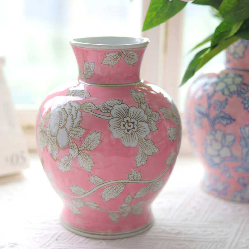 粉色花瓶客厅插花陶瓷中式水培花瓶景德镇手绘青花瓷装饰新摆件器