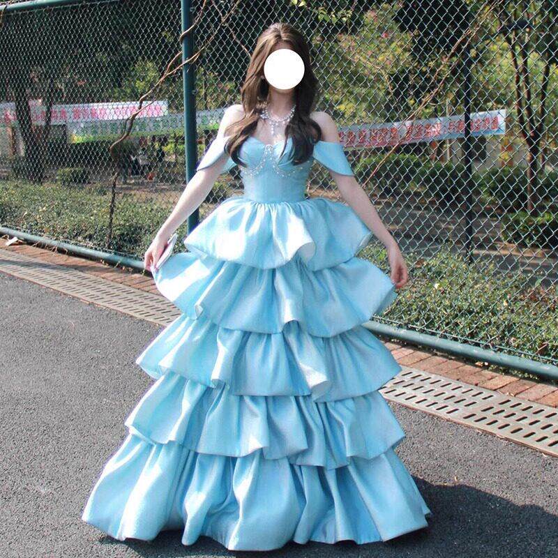 蓝色在逃公主晚礼服女仙气质名媛18岁学生日成人礼蛋糕裙艺考主持