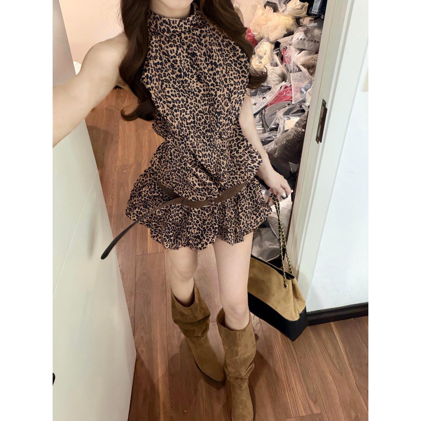 美式豹纹露背挂脖连衣裙女夏季辣妹风气质收腰修身性感花苞短裙子