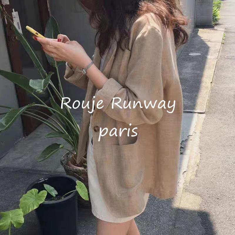 Rouje Runway棉麻西装外套女2026春夏新款韩版宽松薄款亚麻西服女