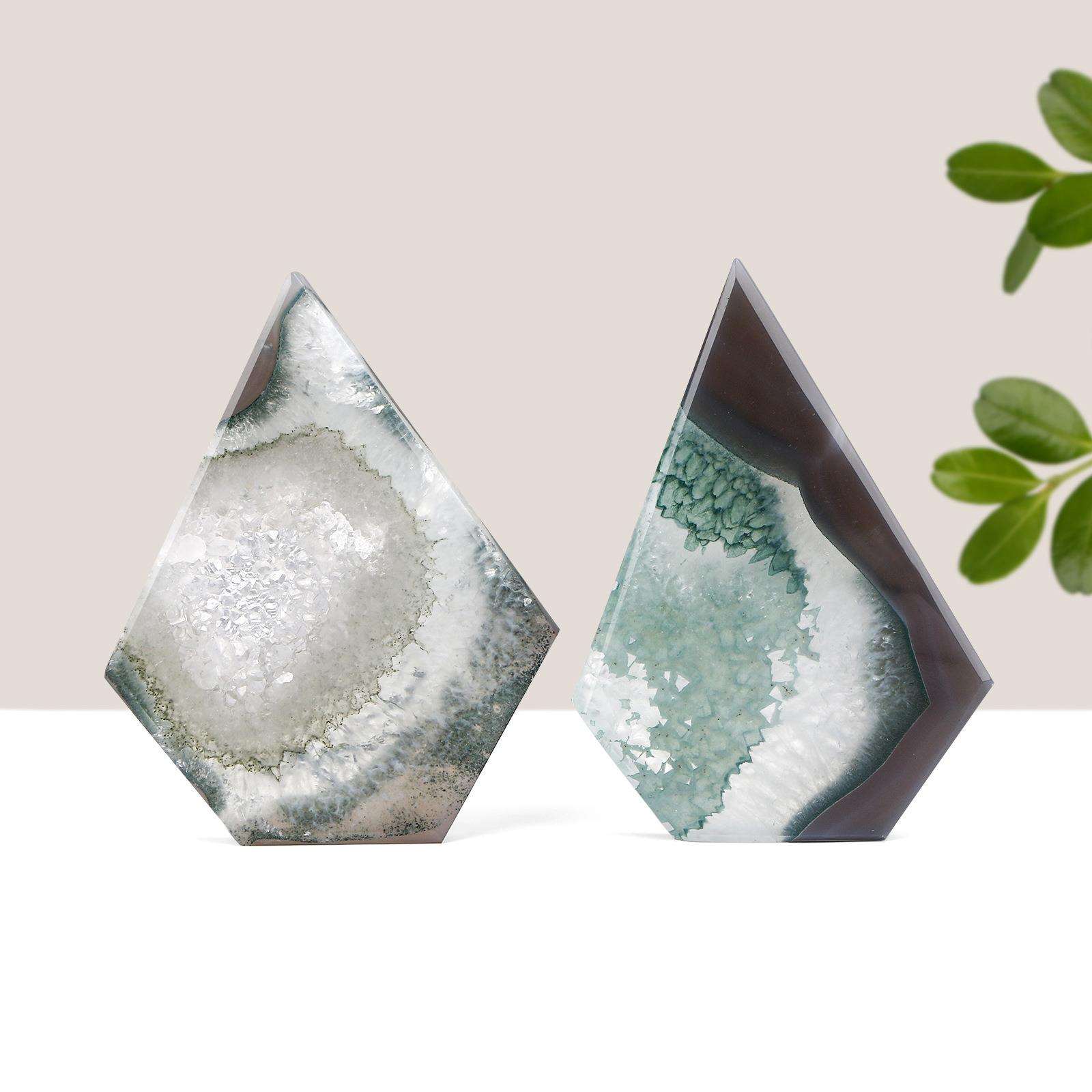跨境天然水晶灰缠丝晶洞菱形摆件水晶洞原石切割装饰工艺品