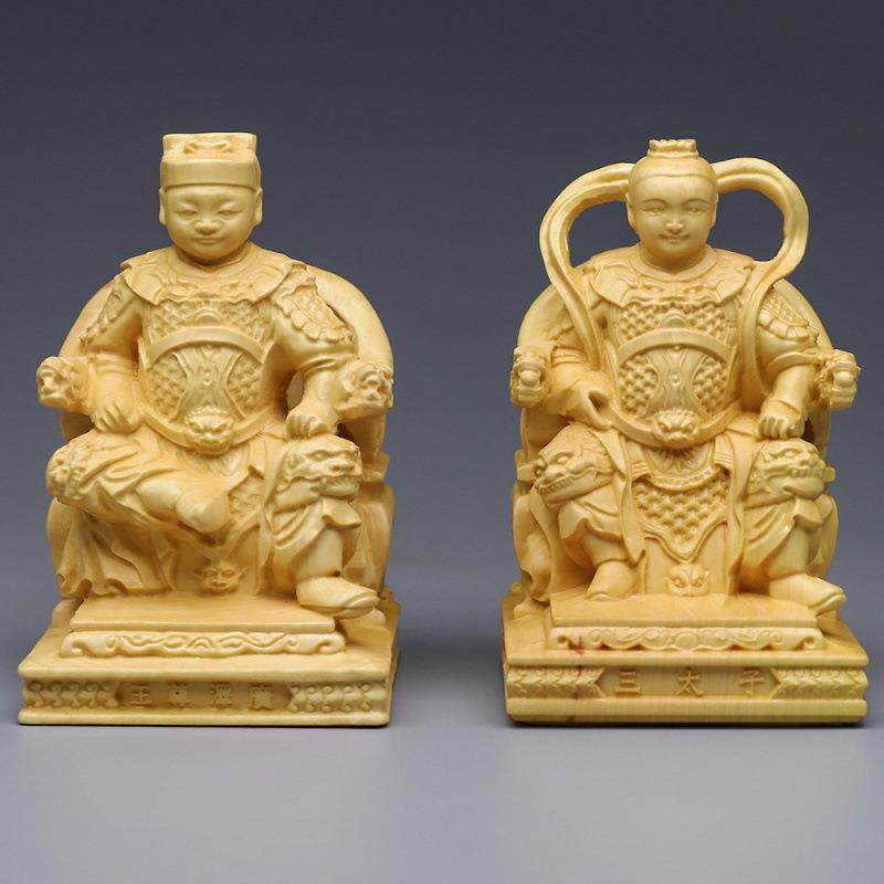 黄杨木雕光泽天王实木雕刻像摆件脱椅坐椅三太子玄天上帝武