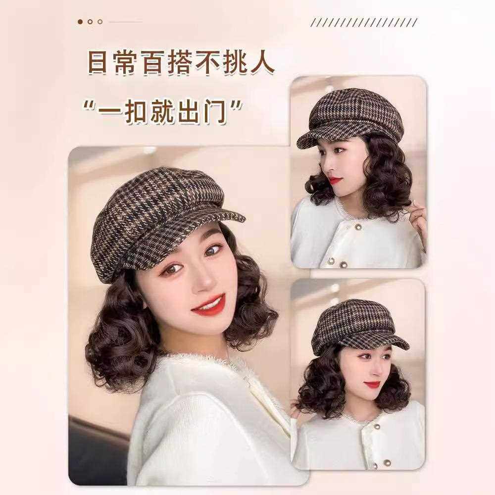 新款直销2024新款韩版帽子假发一体女时尚秋冬季千鸟格八角帽短卷