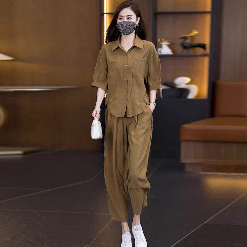 中年妈妈女夏POLO领天丝棉麻套装减龄大码休闲九分哈伦裤两件套