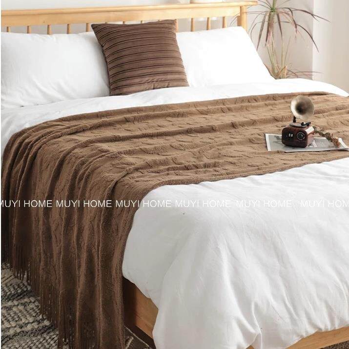 美式复古风针织床尾巾床旗搭毯沙发休闲装饰盖毯长款北欧简约棕色