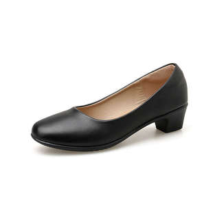 酒店工作鞋女黑色正装面试皮鞋中跟圆头职业粗跟软平底单鞋3厘米