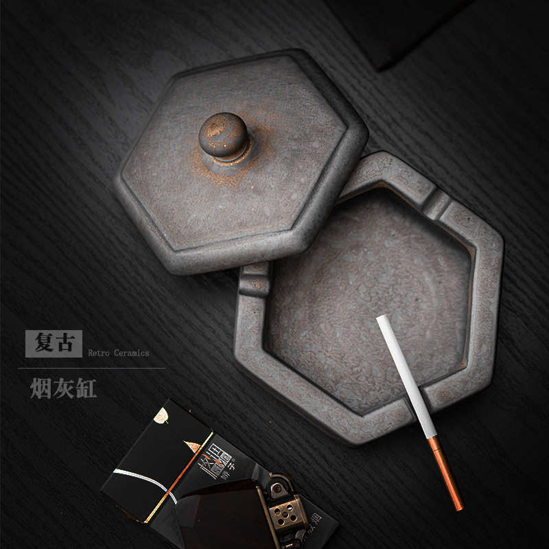 复古陶瓷烟灰缸带盖防飞灰酒店餐厅酒吧创意防风烟缸雕刻LOGO