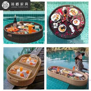 户外别墅泳池水上漂浮托盘网红酒店民俗餐盘早餐下午茶藤编篮子