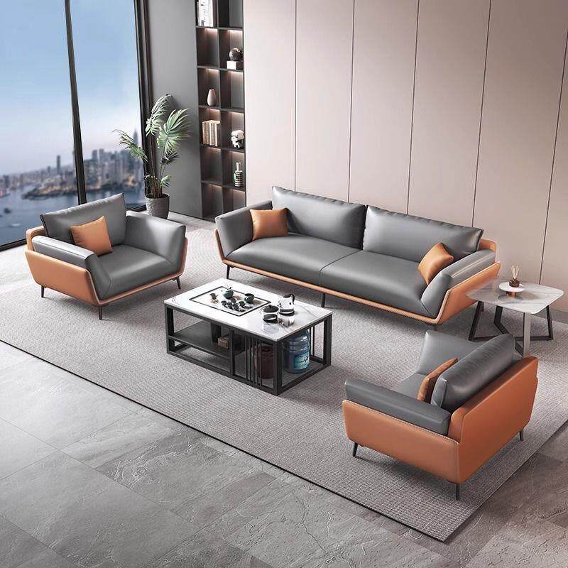 办公室沙发真皮会客洽谈休息区用商务接待三人位皮艺茶几组合套装