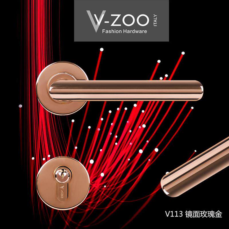 vzoo304不锈钢门把手轻奢亮面玫瑰金静音房门锁北欧卧室木门拉手