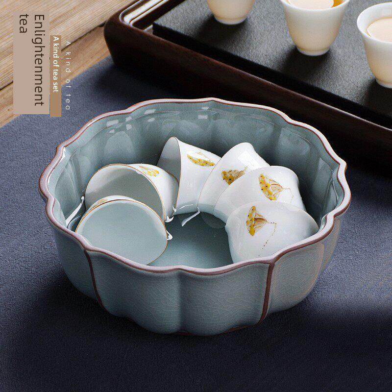 陶瓷茶洗大号 创意莲花水盂覆古哥窑青瓷笔洗冰裂水洗碗茶具配件