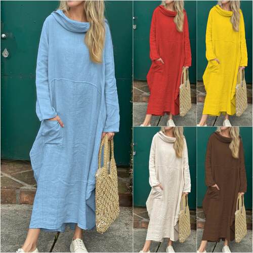 Cotton and linen dress with pile collar, long sleeved