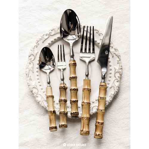 304不锈钢复古手工做旧ins竹节柄牛排刀意面叉甜品叉勺西餐具套装