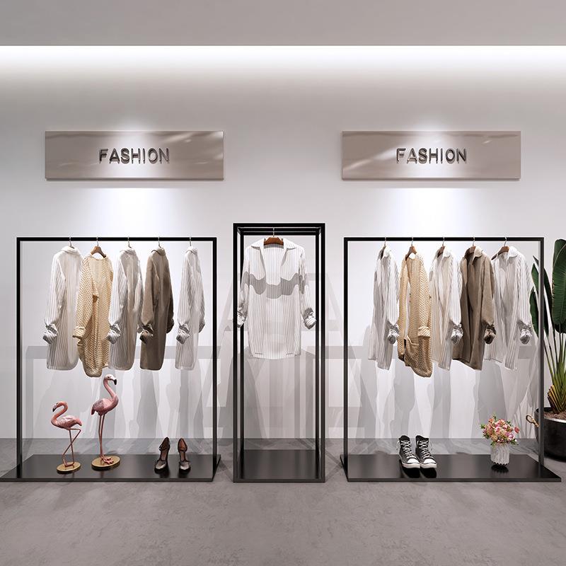 服装店展示架黑色收纳挂衣杆男女装店简约货架陈列架落地挂衣架子
