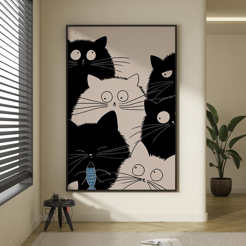 简约现代客厅沙发背景墙装饰画时尚卡通猫咪挂画竖版玄关卧室壁画图片