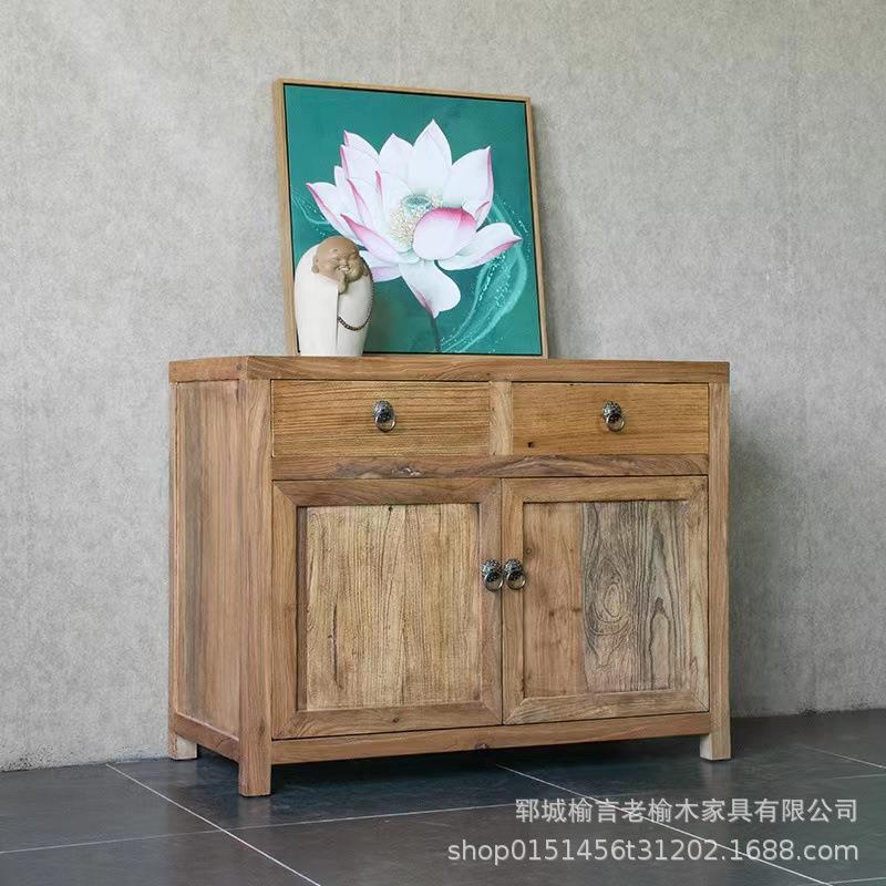 老榆木中式禅意餐边柜风化做旧纹理实木墙边储物柜玄关收纳柜