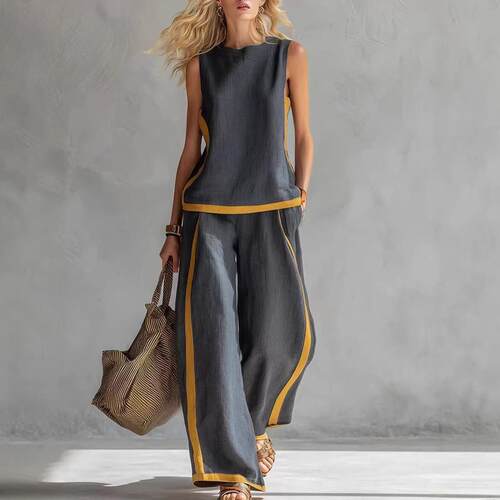 2026 Linen Blend Two Piece Set for Women Sleeveless Color