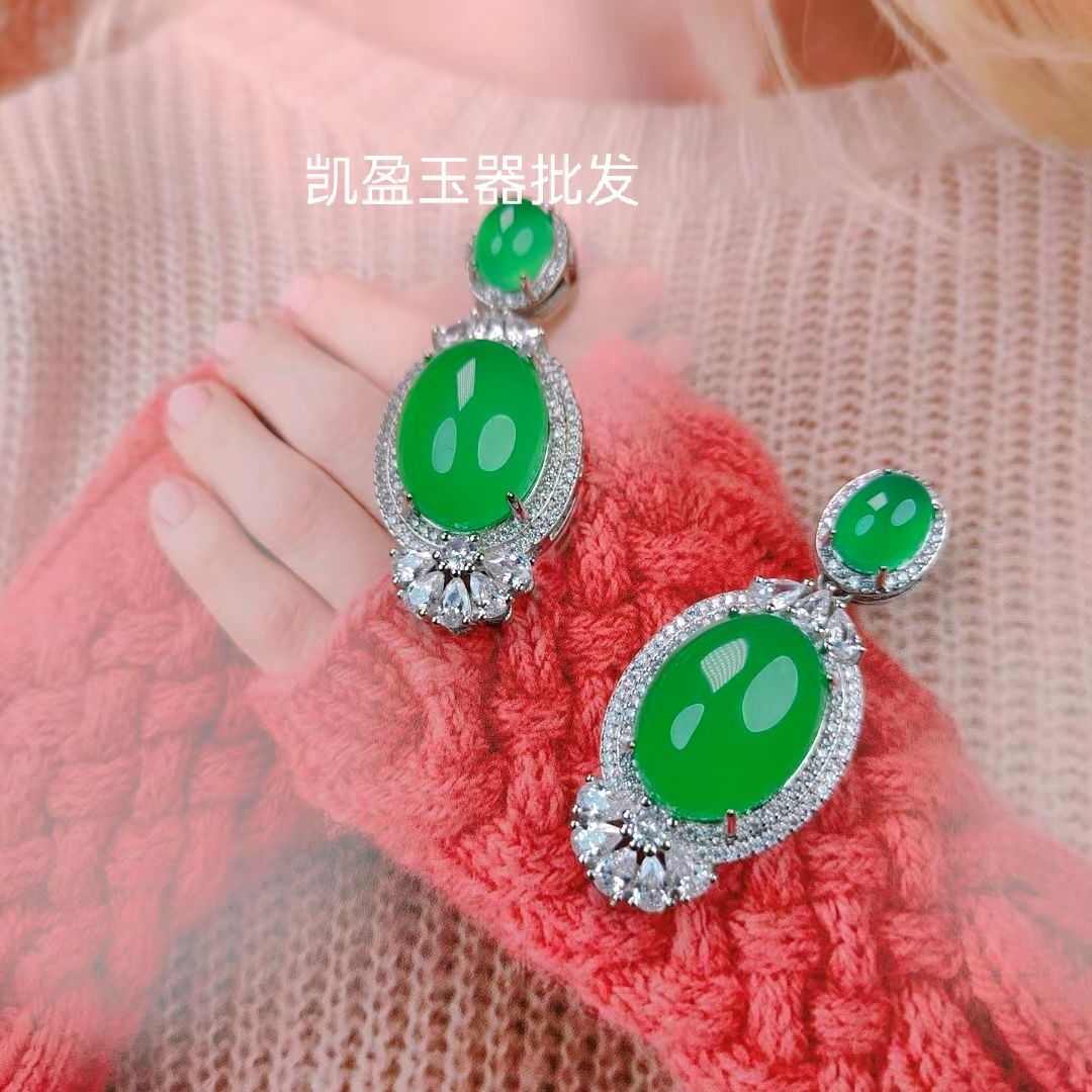 厂家批发 高冰925镀银镶嵌绿玉髓鸽子蛋水滴吊坠玛瑙女款玉石挂件