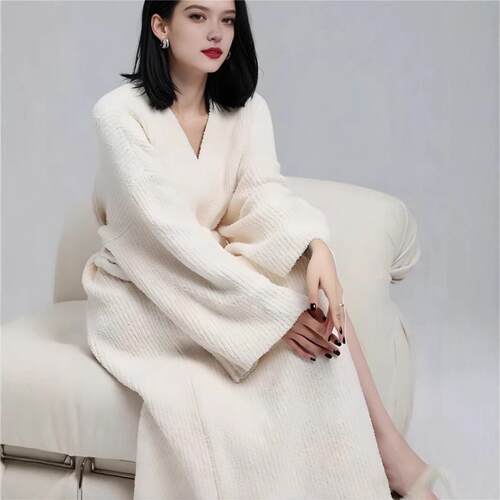 Women'S V-Neck Half Velvet Knit Pajamas Set Long Sleeve Wrap