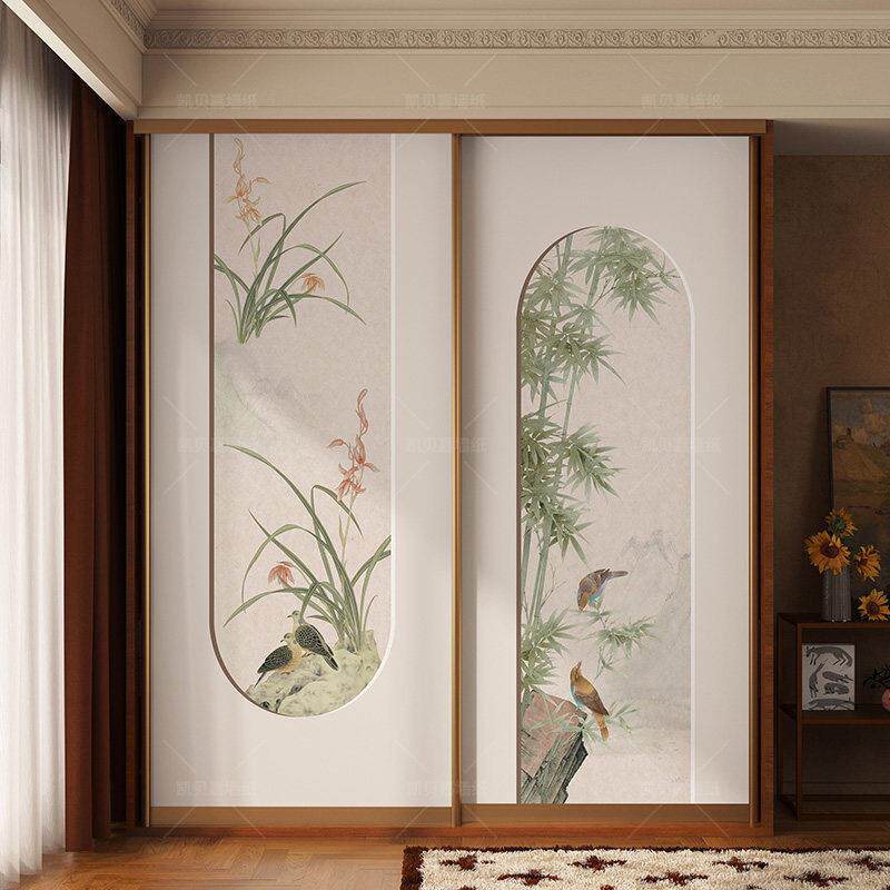 新中式装饰衣柜门贴纸复古翻新柜子贴画改造卧室书房家具自粘壁纸