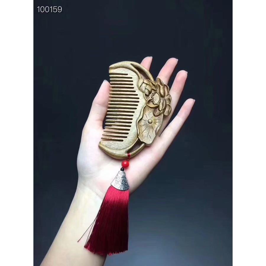 金丝楠拆房老料荷花木梳金丝黄料手工精雕富贵牡丹头梳木质工艺品